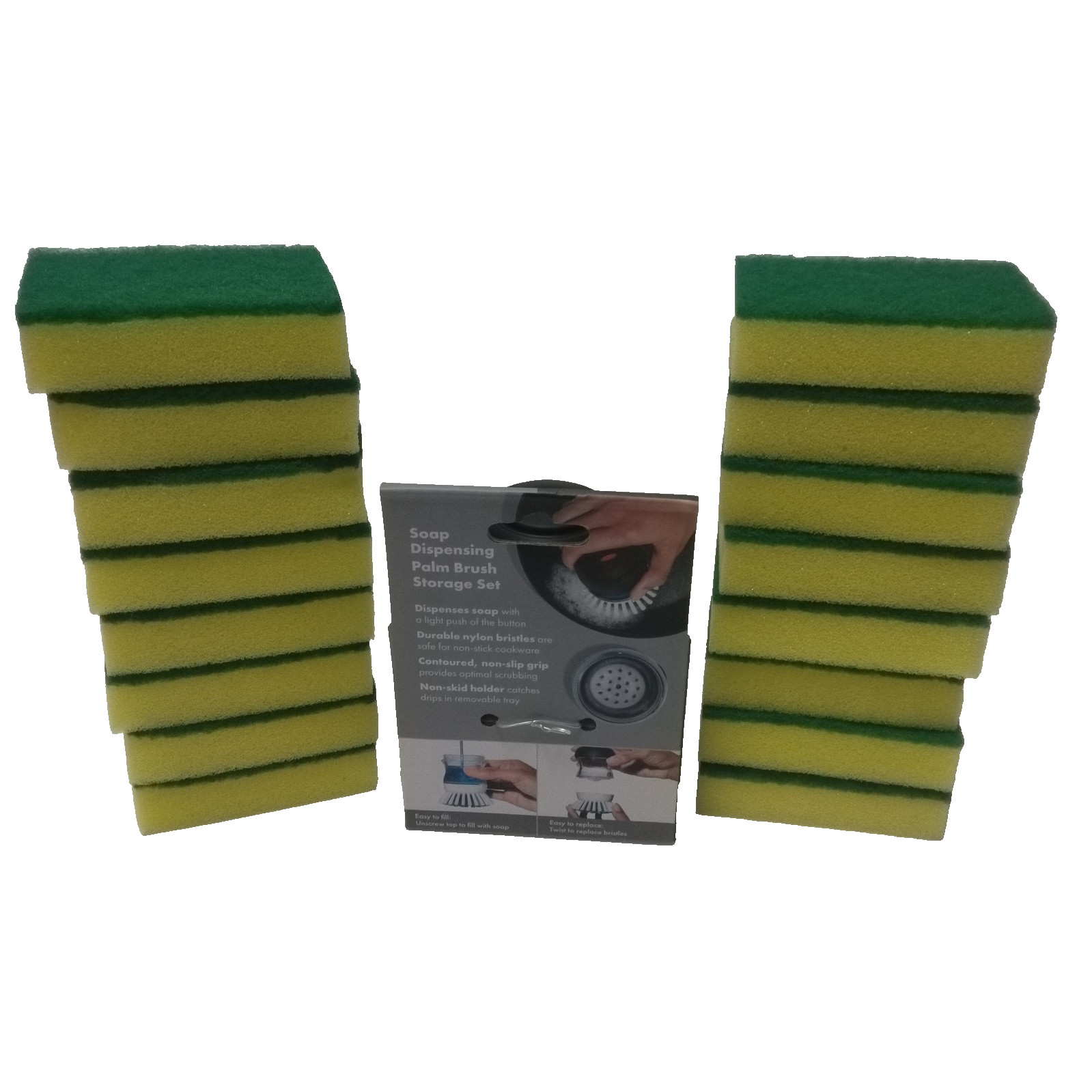 Oxo soap dispensing palm brush storage set and 16 Unbranded Scrub Sponges