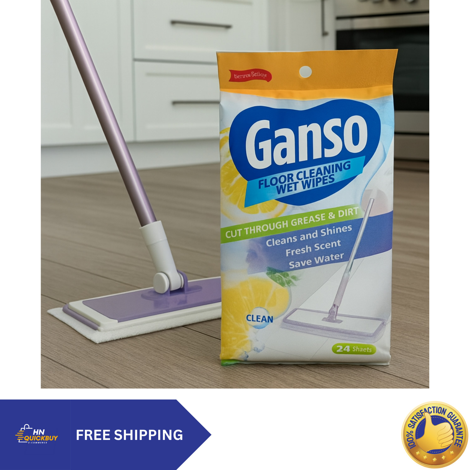 Ganso Floor Cleaning Wet Wipes 24 Sheets | Multipurpose Mop Refill Pads Cleaner