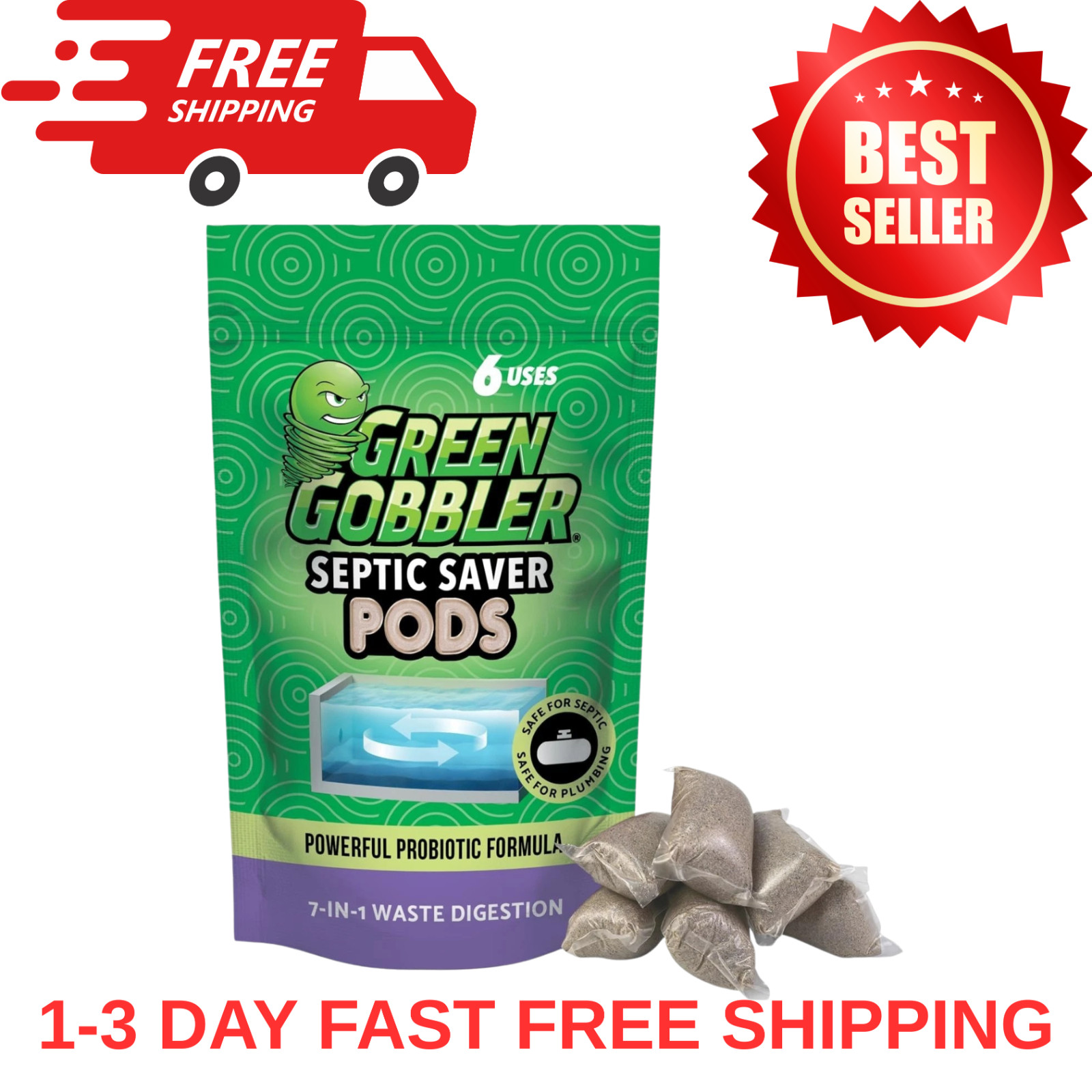 Green Gobbler Septic Tank Enzyme Treatment Packets, 6 Month Supply – Powerful