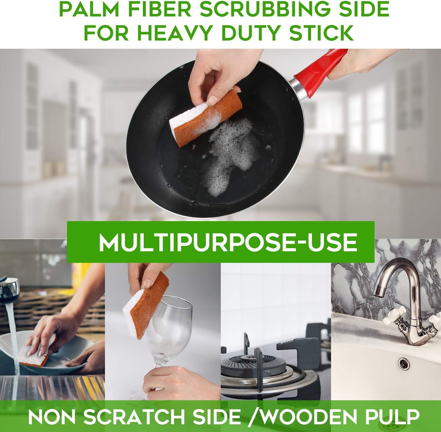 Natural Plant Based Scrub Sponge 12 Pack, Palm Fiber Scrubbing Sponge with Non