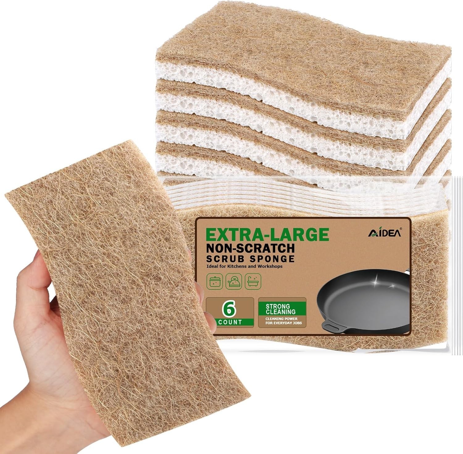 6 Count XL Cellulose Scrub Sponges – Durable, Non-Scratch for Kitchen & Bath