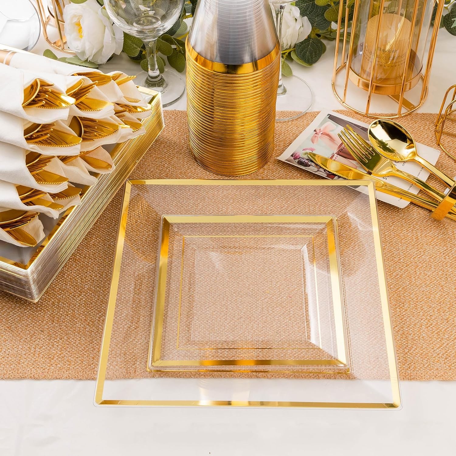 Goodluck 352 Pieces Clear Gold Dinnerware Set for 50 Guests, Clear Square Plas