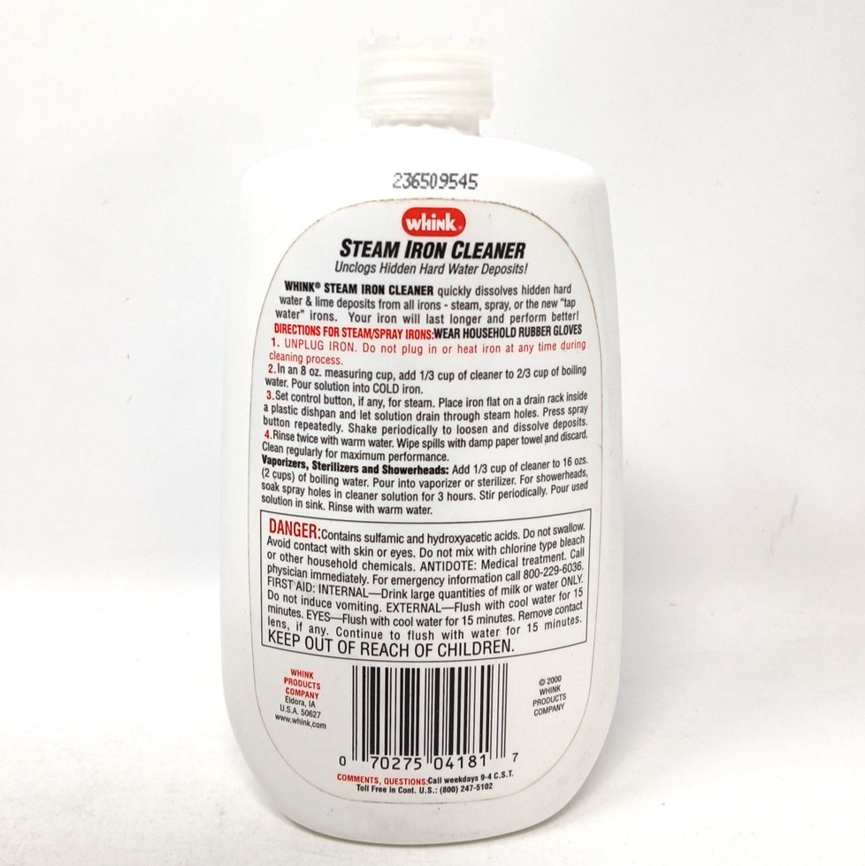 Whink Steam Iron Cleaner 10 oz Bottle Unclogs Hard Water Deposits Full READ