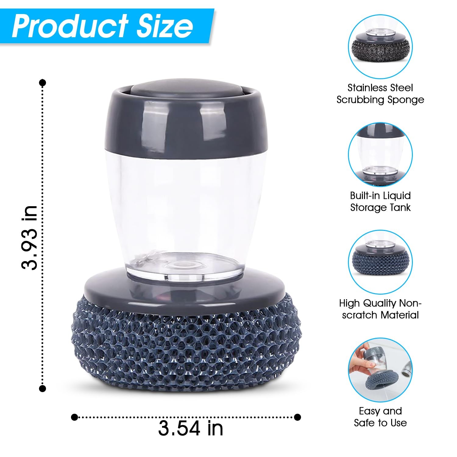 Soap Dispenser Palm Brush Sponge for Kitchen Sink Pan Pot Oven & Other Dish
