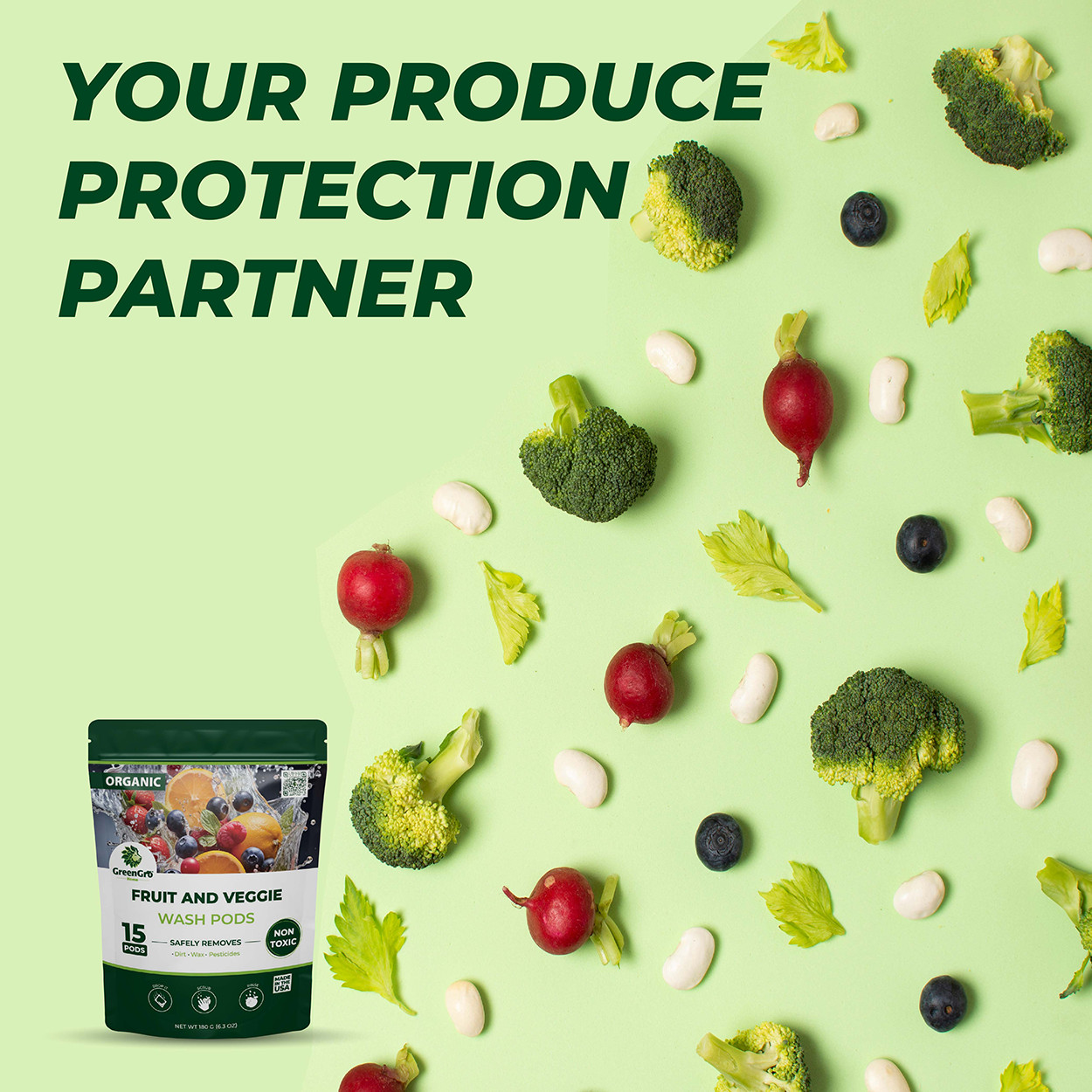 Fruit & Veggie Wash Pods – 1 Pouch (15 Pods) by GreenGro Biologicals