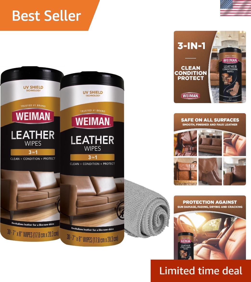 Luxurious Leather Cleaner & Conditioner Wipes – Enhances, Protects, 2 Pack of 60