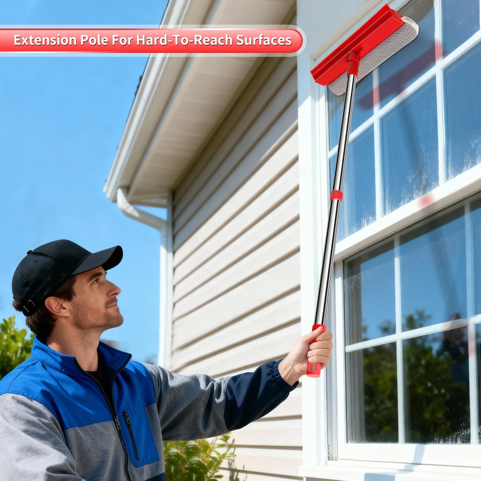 2-In-1 Window Squeegee Cleaner Sponge & Soft Rubber Strip w/ Retractable Handle