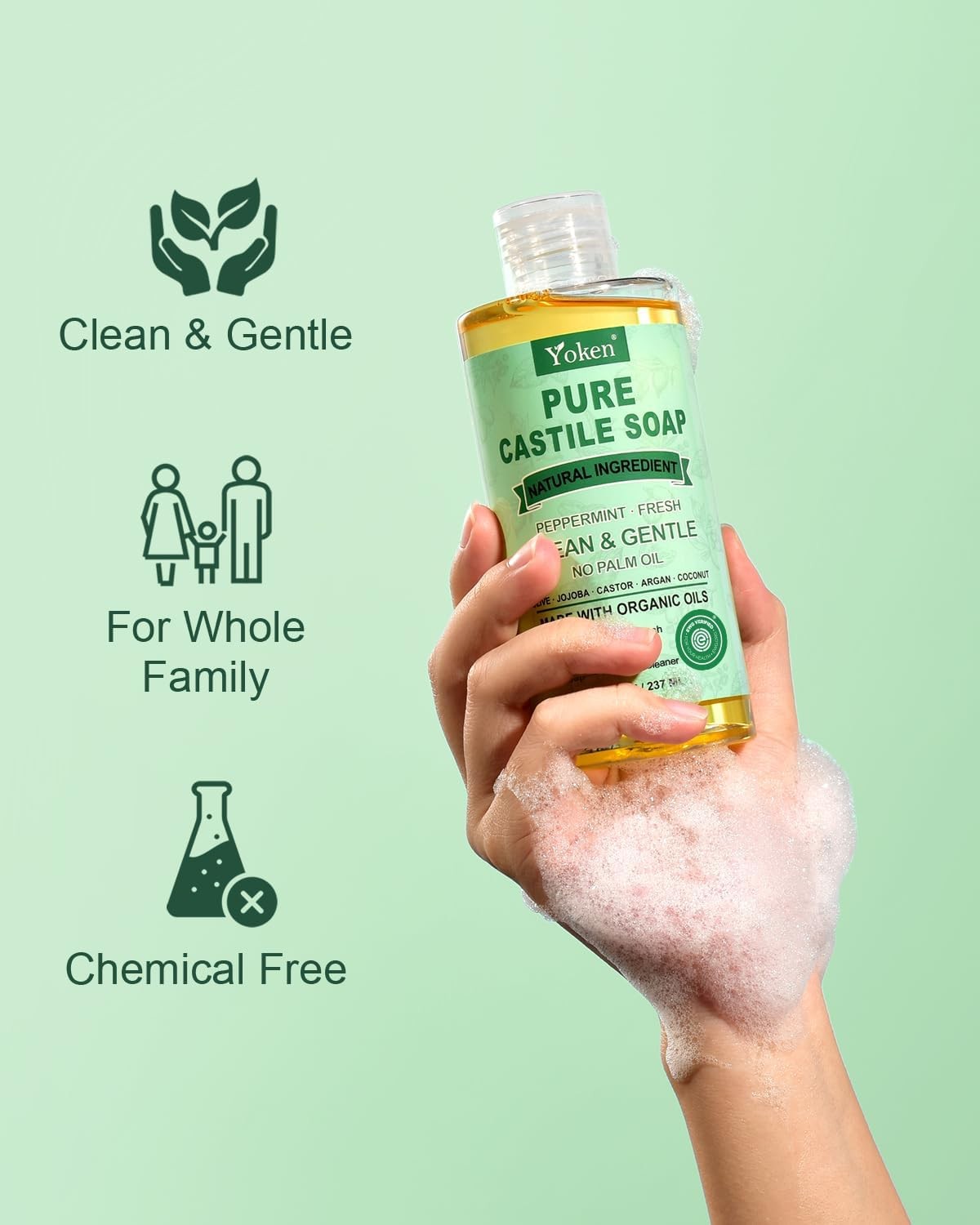 Peppermint Castile Soap Liquid 8 OZ, Made with Certified Organic Oils, Gentle
