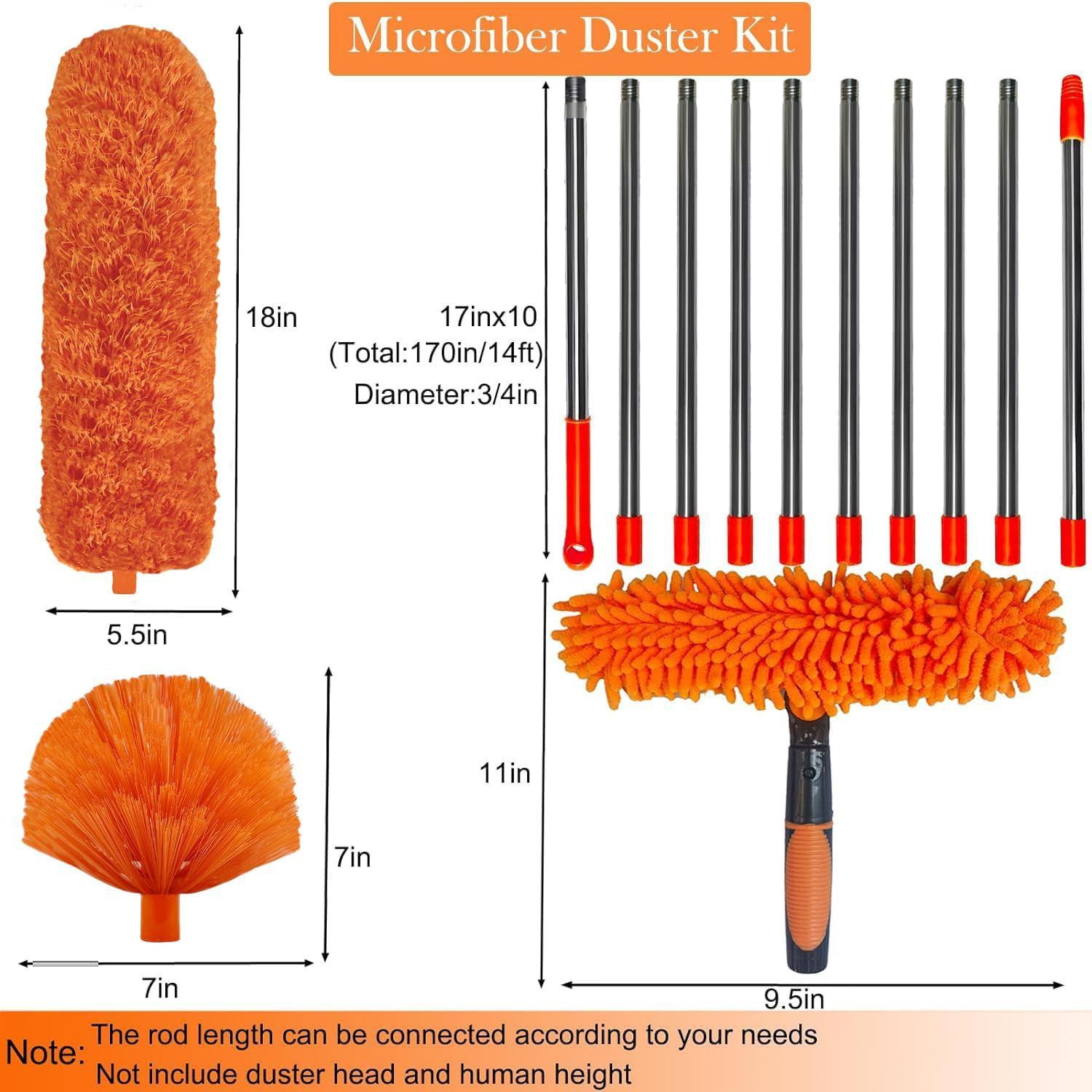 20+ Feet High Reach Dusting Kit with 3-14 Ft Extension Pole //2 in 1 Window Clea