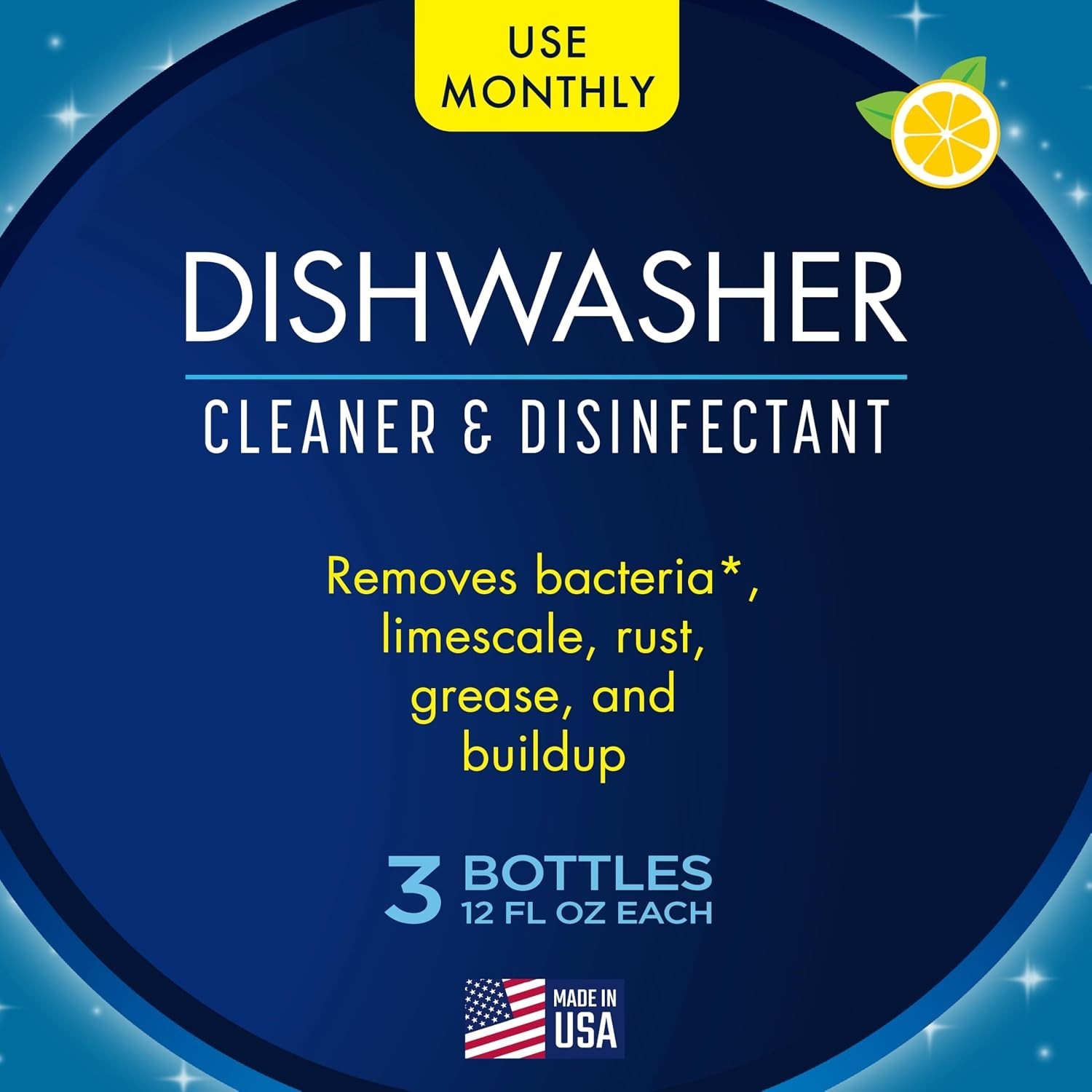 Lemon Scent Dishwasher Cleaner, 3-Pack, 12 oz Bottles, Remove Limescale & Grease