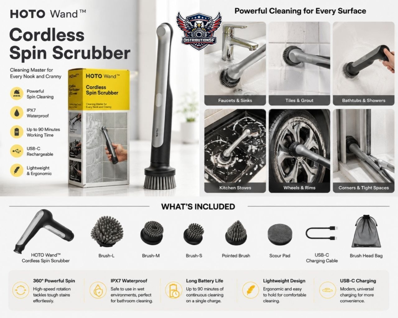 HOTO Wand Cordless Spin Scrubber Rechargeable Cleaning Brush Bathroom Kitchen Ti