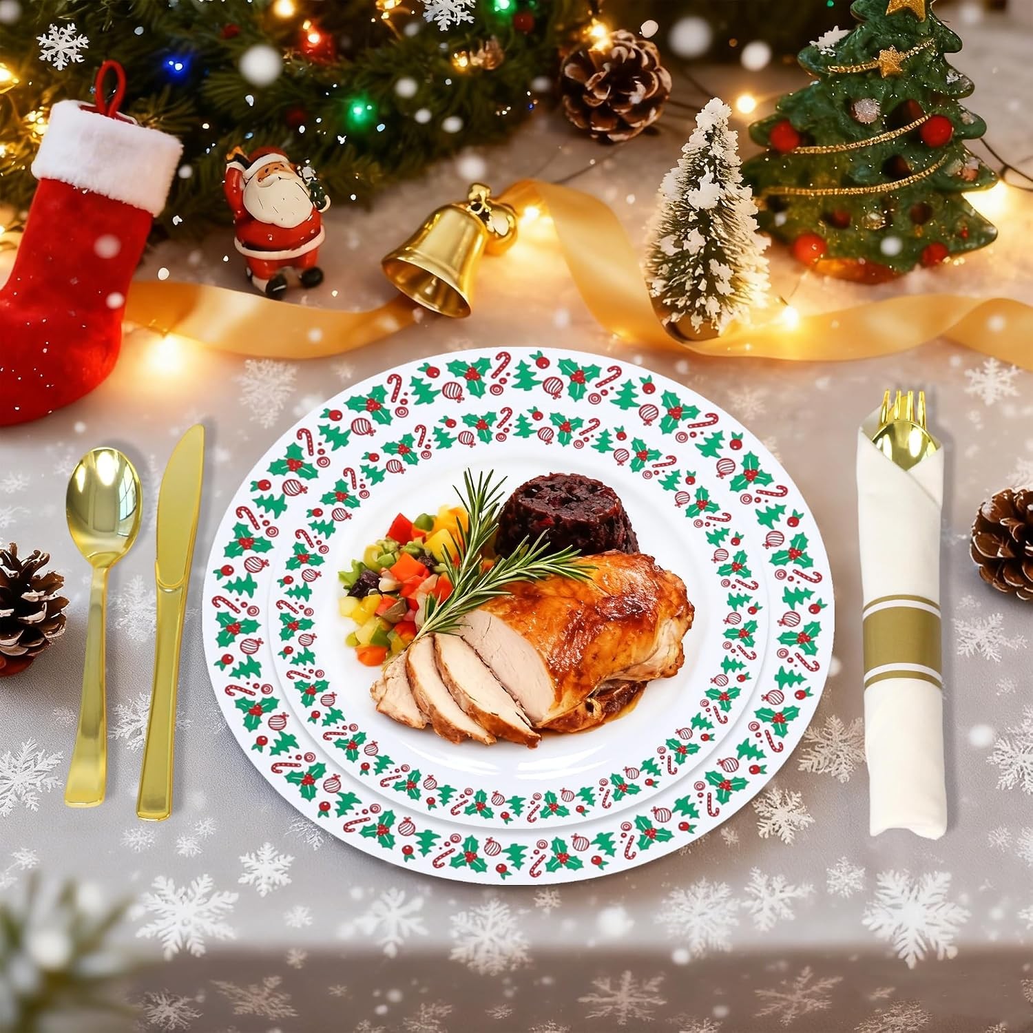 350pcs Christmas Disposable Plates & Cutlery Set – Plastic Plates, Tree Design