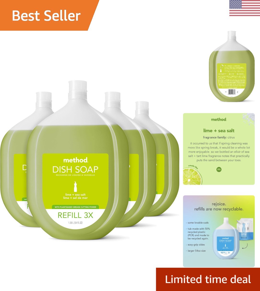 Eco-Friendly Dish Soap Refill Pack of 4, Plant-Based Gel, Powerful Grease Cutter