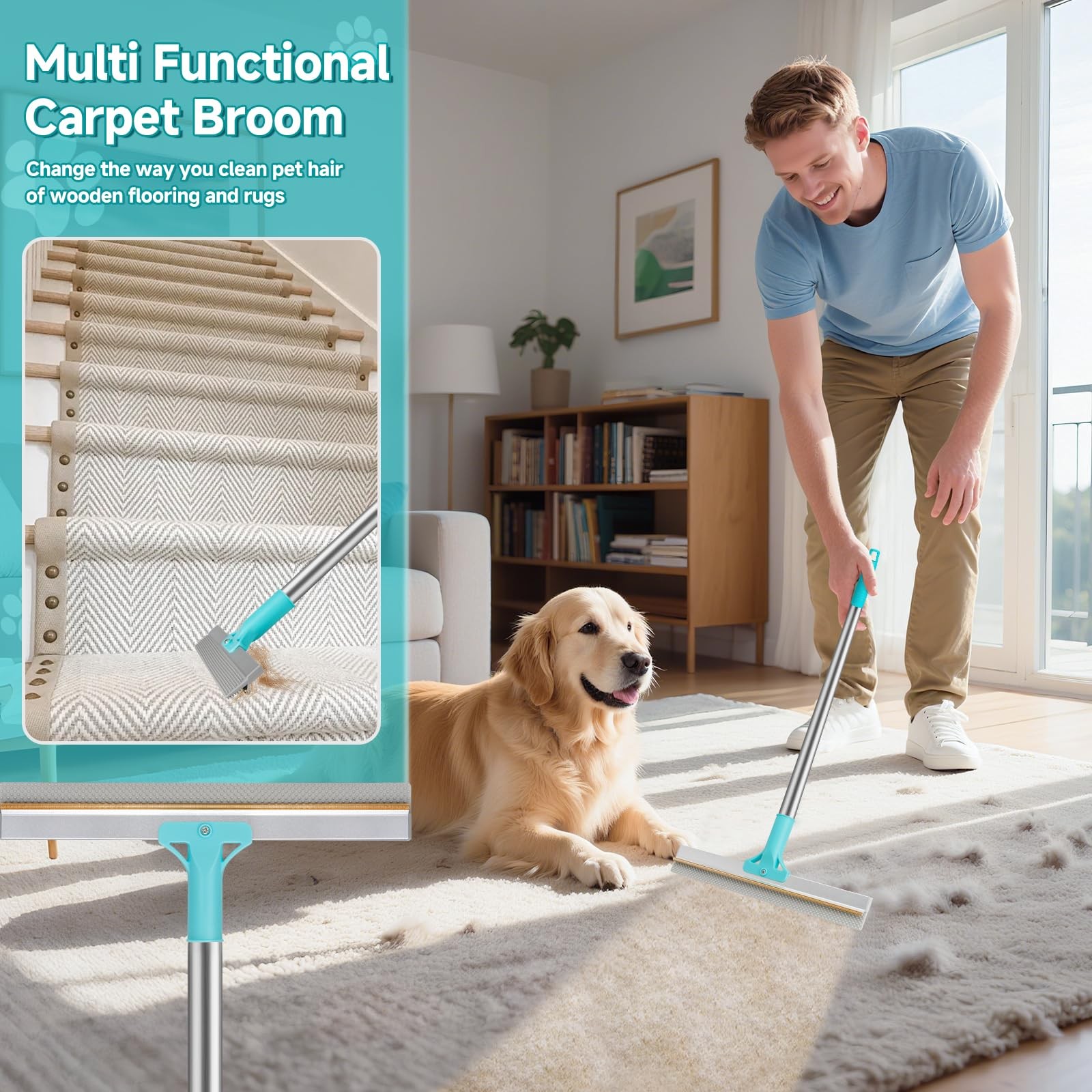 Carpet Rake for Pet Hair Removal Tool, Reusable Pet Hair Remover Broom, Dog&C…