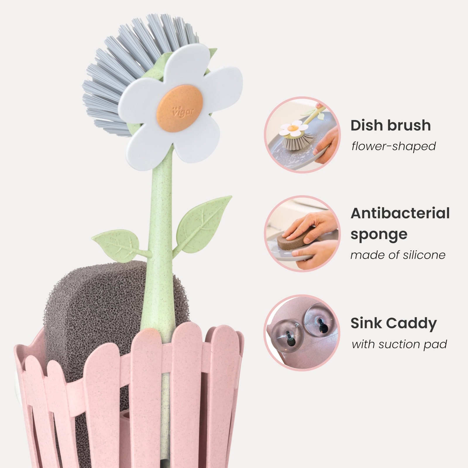 Florganic 3in1 Kitchen Sink Caddy Set Flowershaped Dish Brush Sponge Fenceshaped