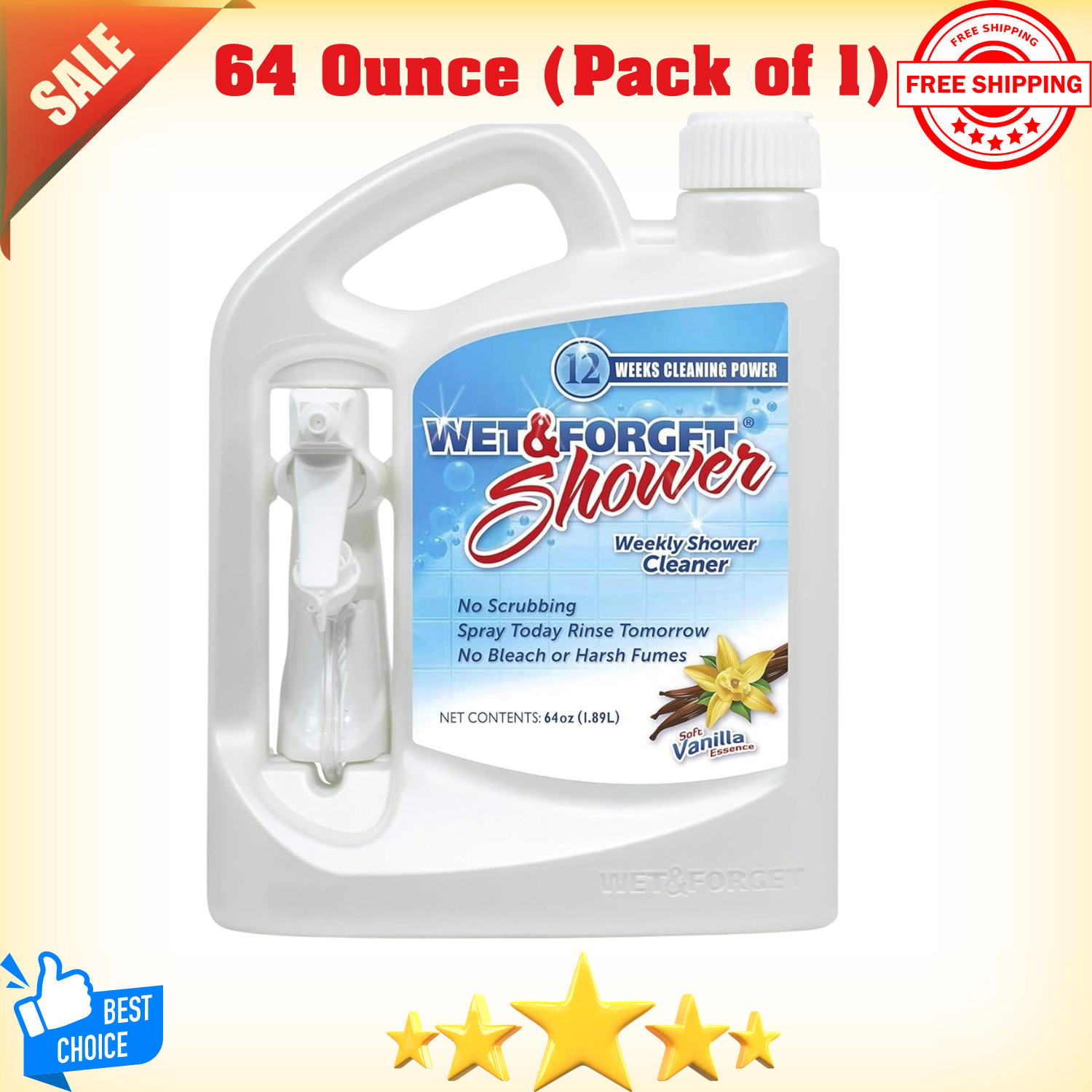 Wet & Forget Shower Cleaner Requires No Scrubbing, Vanilla, 64 Ounce (Pack of 1)