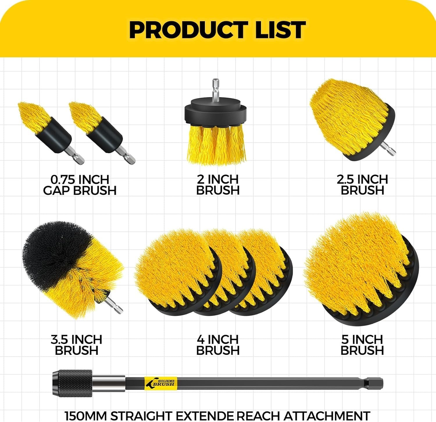 Holikme 10Pcs Drill Brush Attachments Set – Power Scrubber with Extension