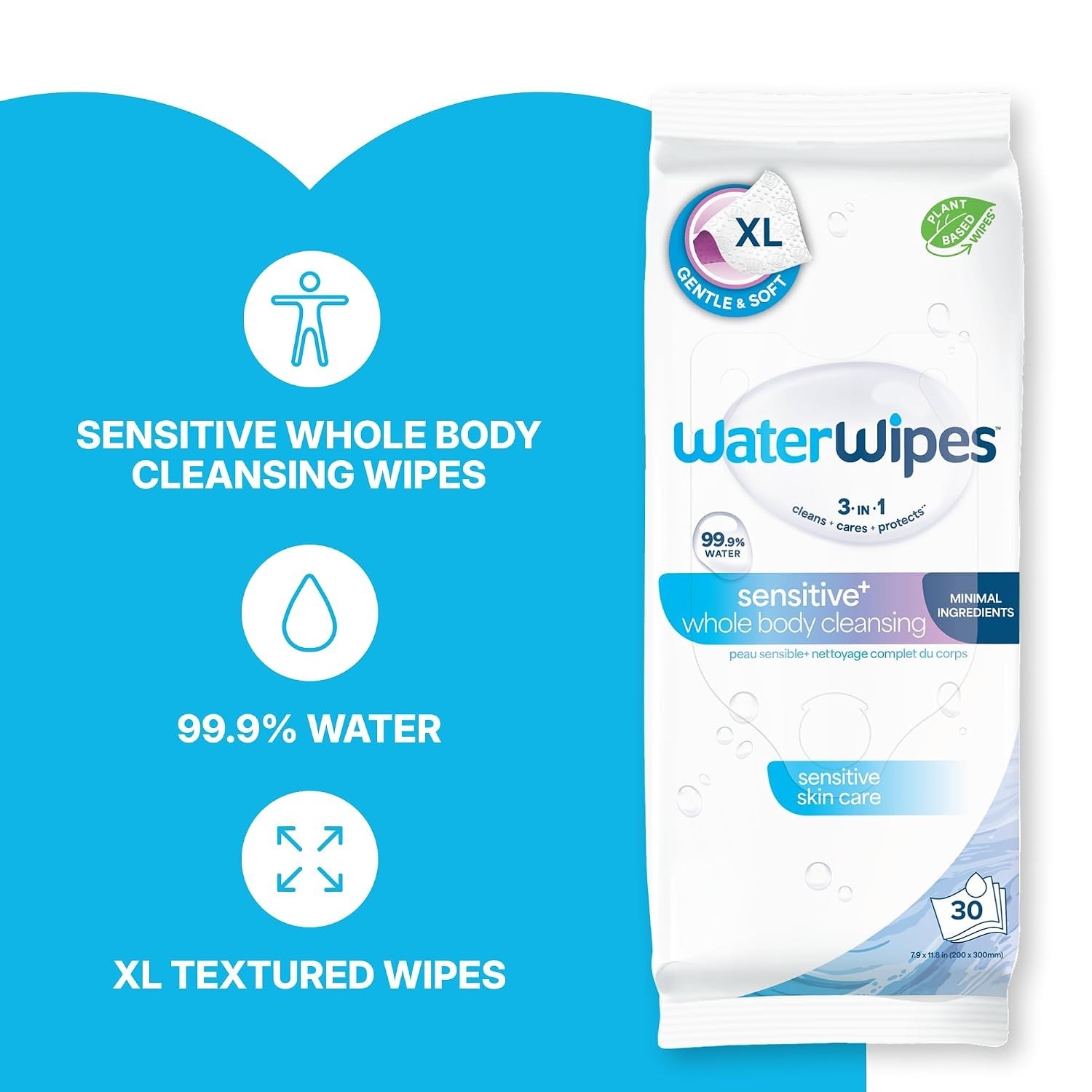 Adult Care Sensitive+ Body Wipes, 99.9% Water, 12 Packs