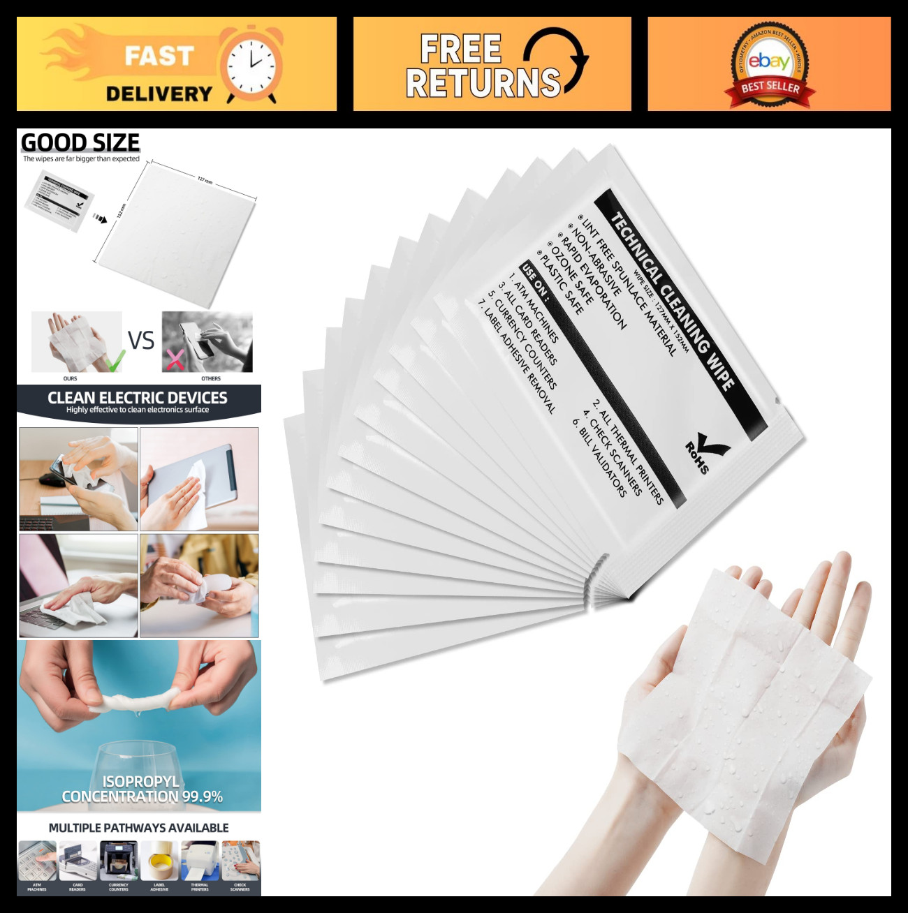 99.9% Purity Prep Pads 5.7″x5.9″ Multi-Purpose Non-Woven Wipes for Cleaning Surf