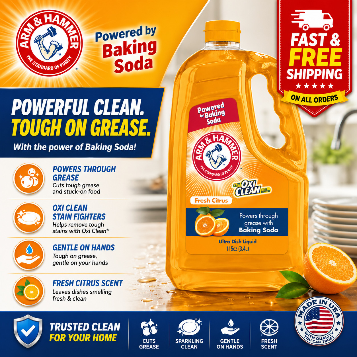 Arm & Hammer + Oxi Clean Ultra Dish Liquid Soap, Fresh Citrus, 115 oz