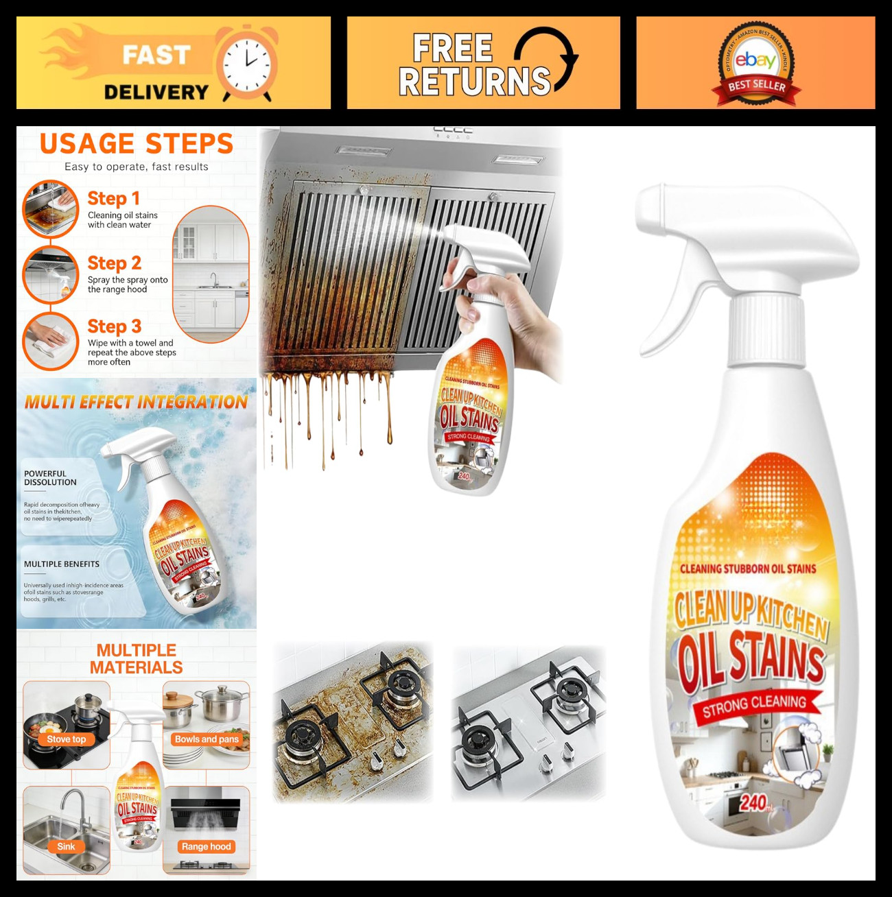 Heavy Duty Kitchen Cleaner Spray – Multi-Purpose Oil Stain Remover 240ml/8.45oz