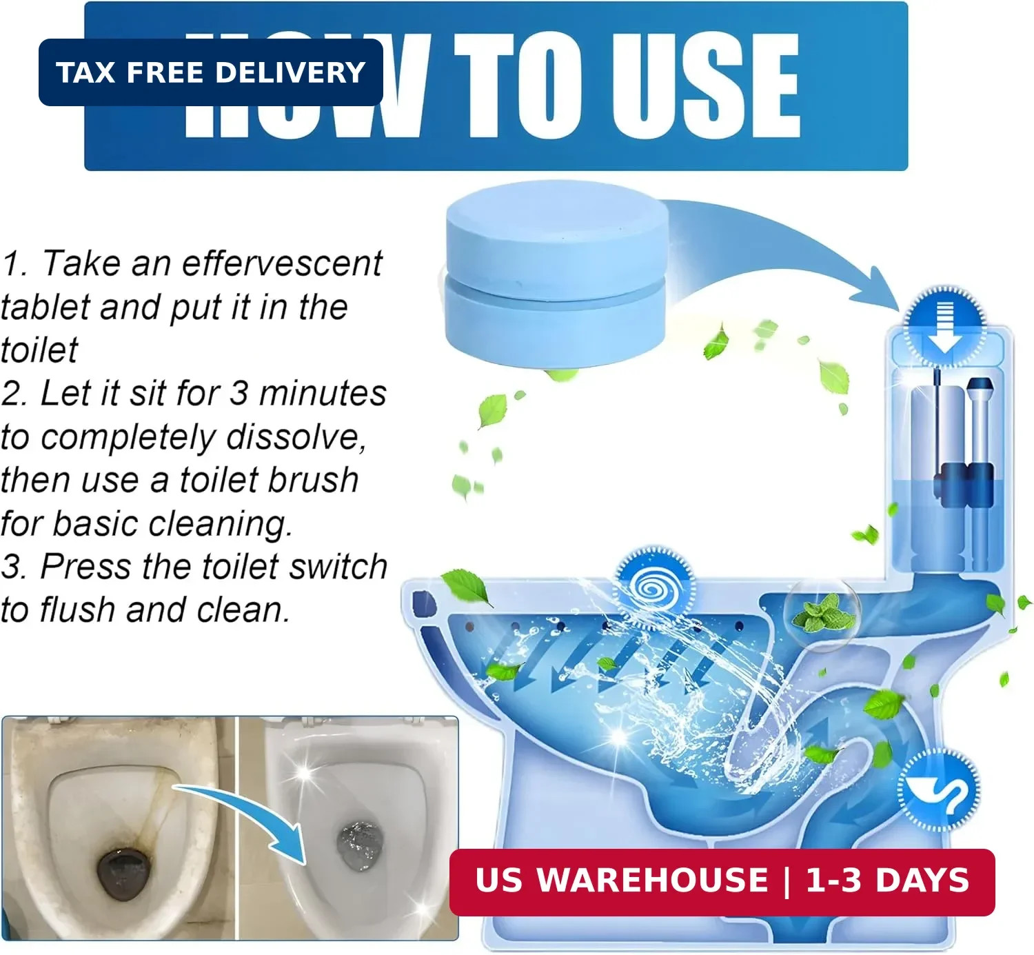 Toilet Bowl Cleaners – 12 Pack, Automatic Tank Tablets for Deodorizing & Descali