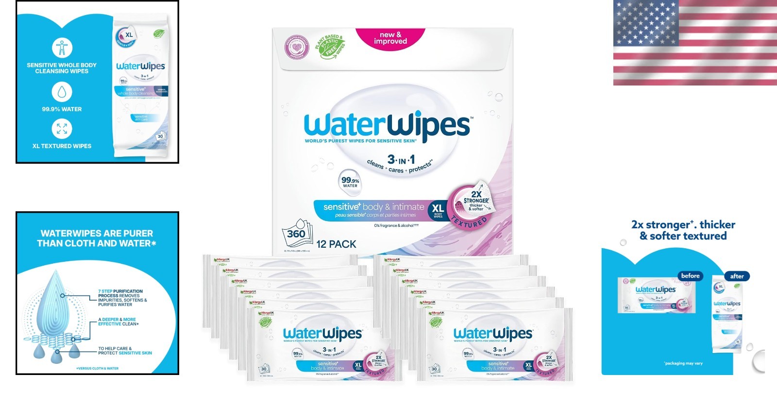 Adult Care Sensitive+ Body Wipes, 99.9% Water, 12 Packs