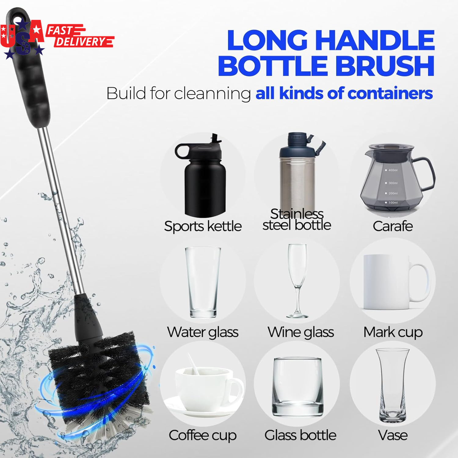 6 Pack Bottle Brush Set, 14″ Long Handle Stainless Steel Bottle Cleaner Brush, 3