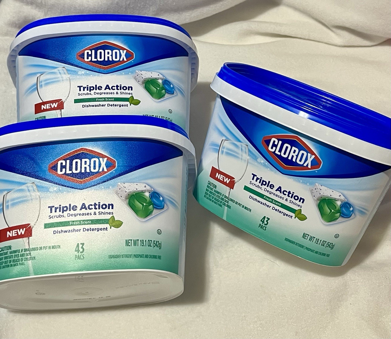 Lot of 3 Clorox Triple Action Dishwashing Detergent-Fresh Scent 43 Pacs 129 Pacs