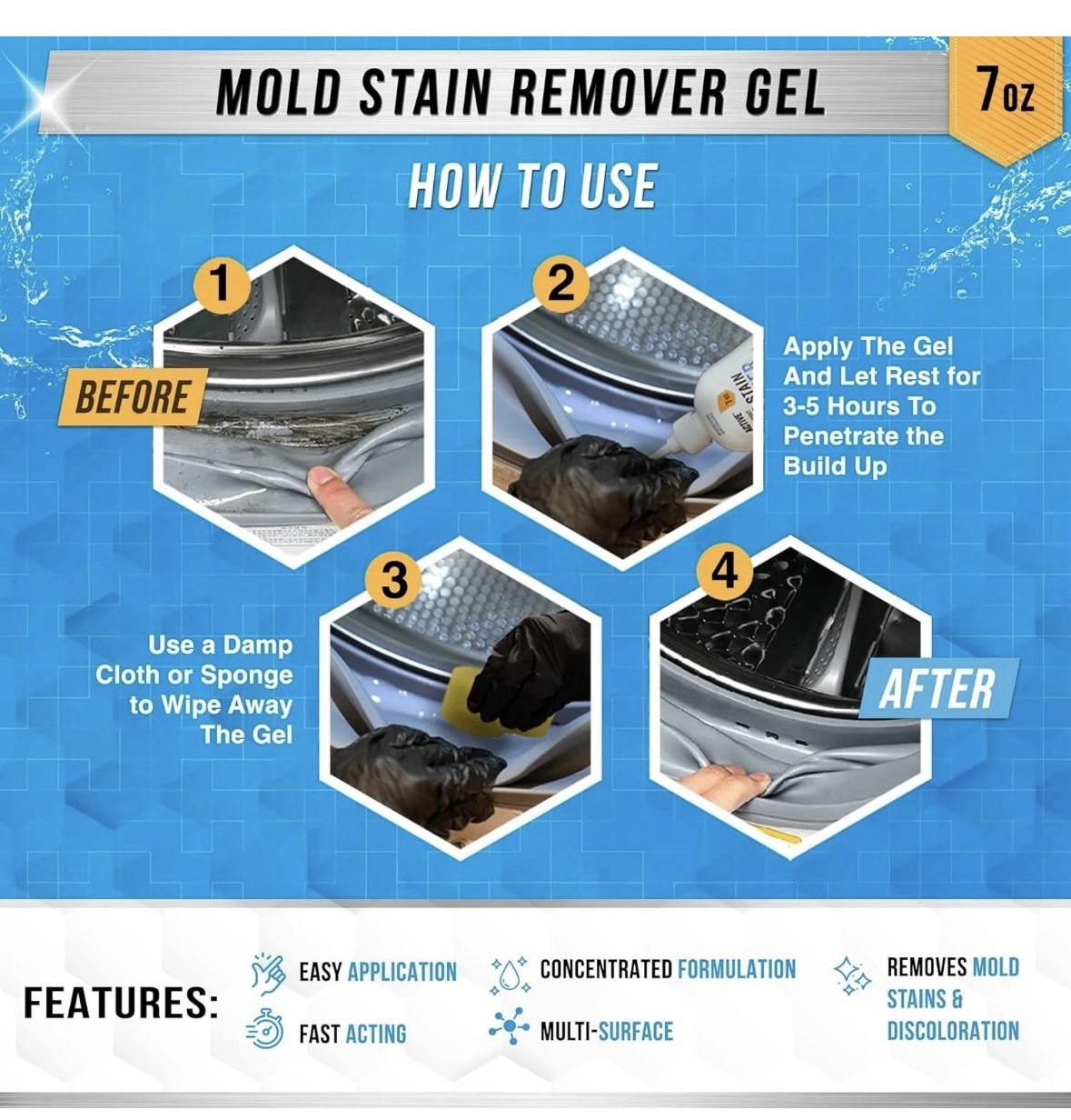7oz Mold Stain Remover Gel – Heavy Duty Cleaner for Washer Seal, Grout & Shower