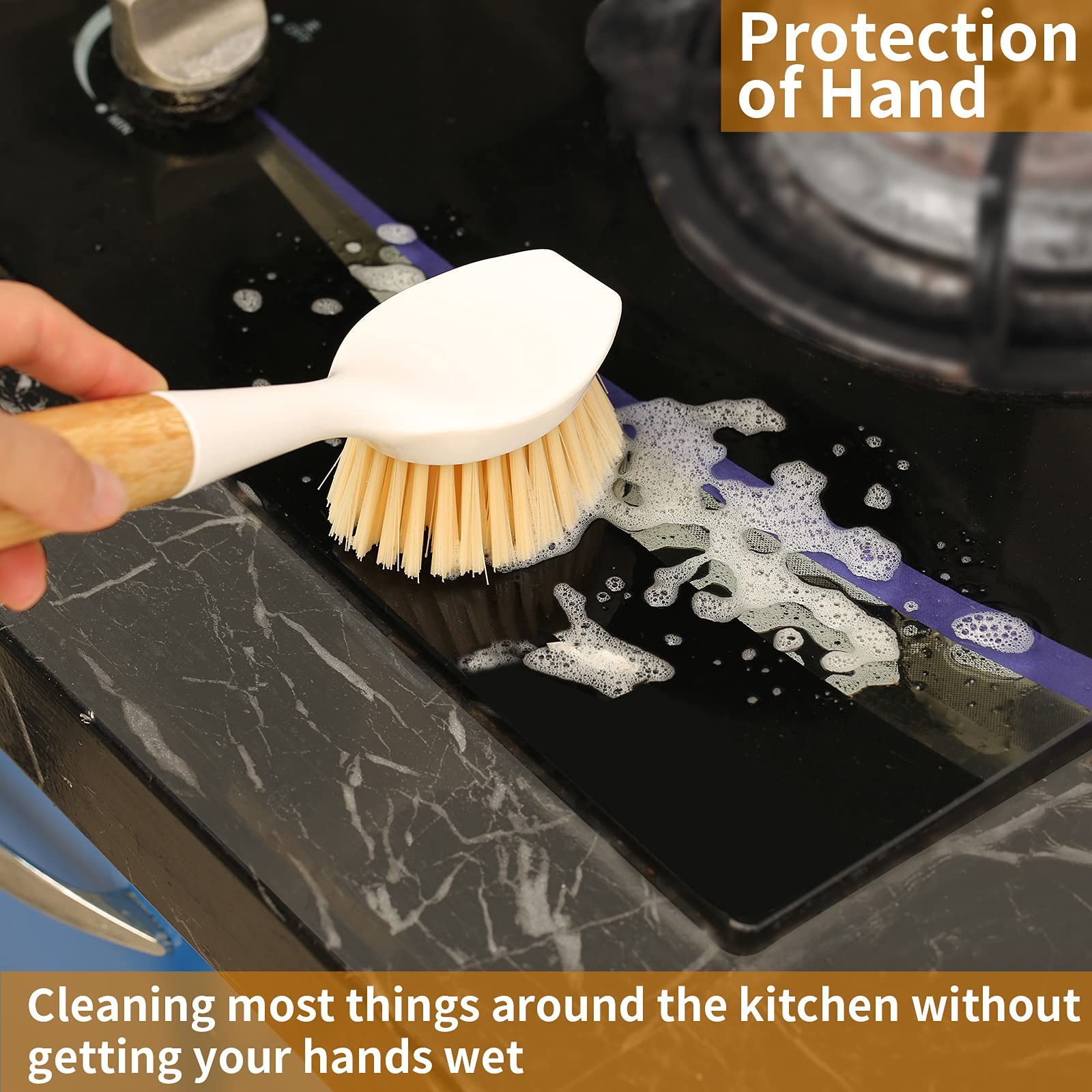 2 Pack Kitchen Dish Brush Bamboo Handle Dish Scrubber Built-in Scraper, Scrub…