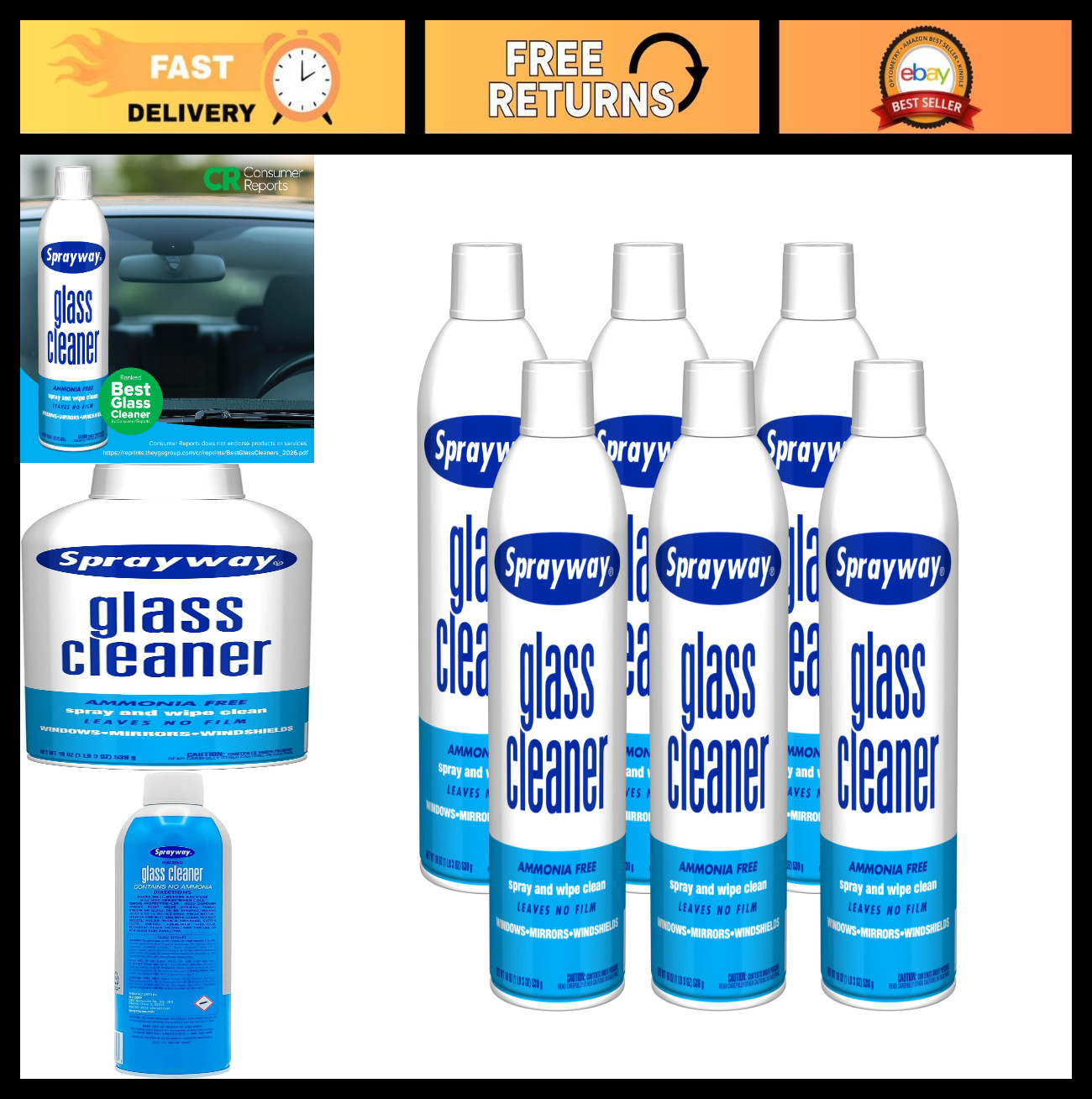 Streak-Free Foaming Glass Cleaner Spray for Home & Auto – 19 oz, Pack of 6