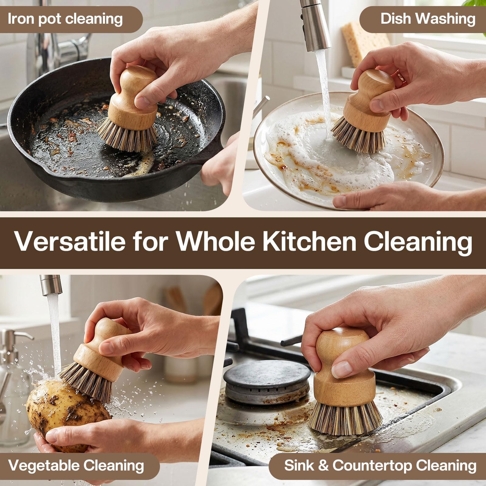 5 Pcs Wood Dish Brush Set Handheld Wok Brush Scrubber for Dishes Pans Pots Fr…