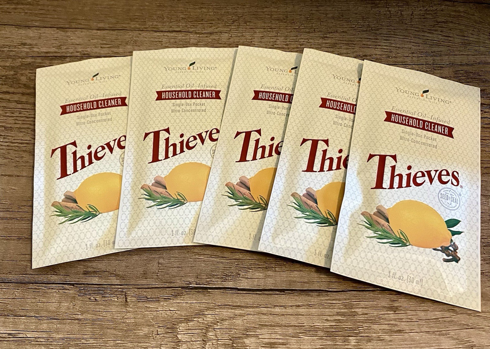 5 Single Use Thieves Cleaning Packets By Young & Living Essential Oil Infused