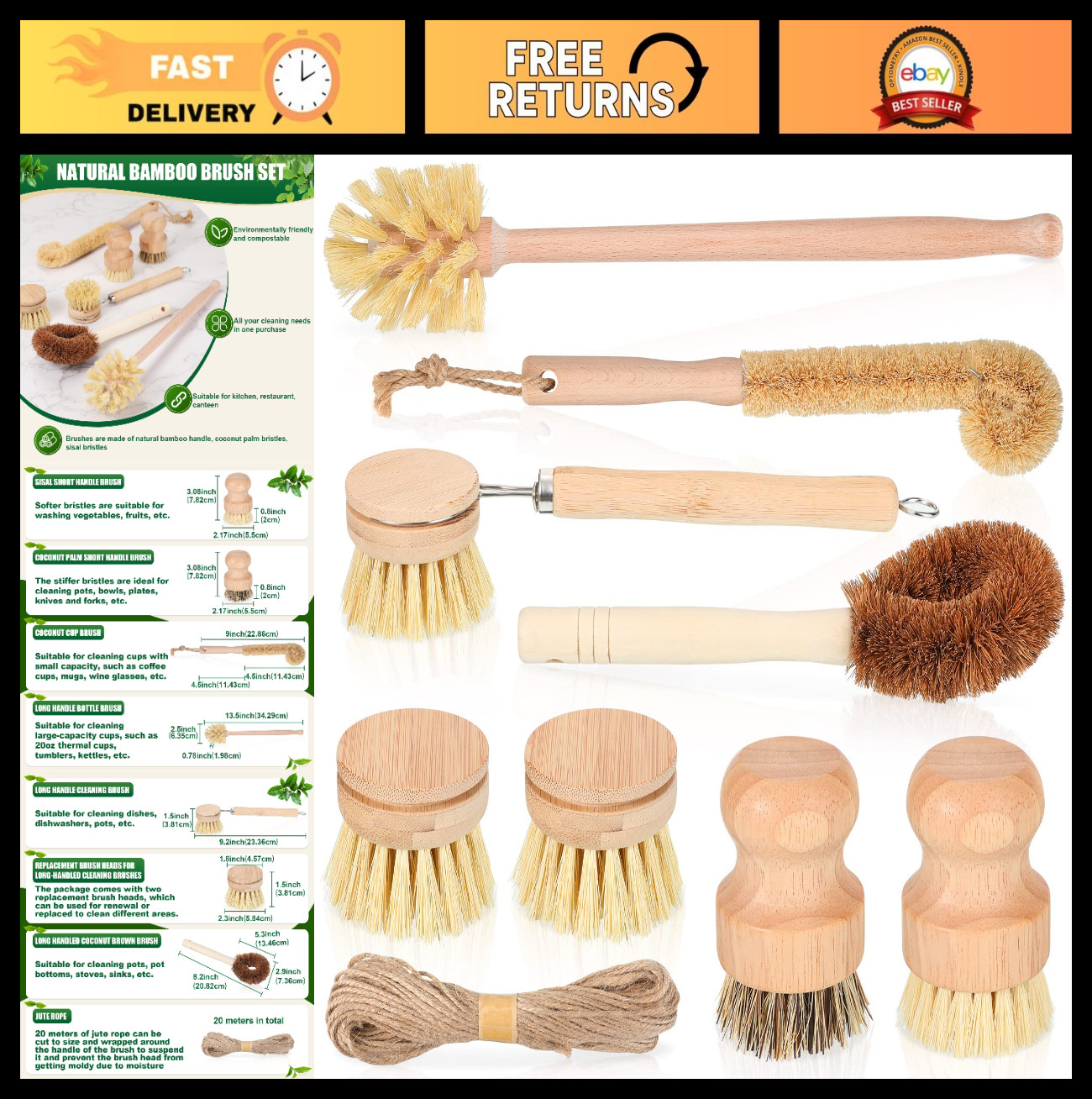 8 Pcs Bamboo Dish Brushes Set – Natural Sisal Bristles, Long Handle Scrubbers fo