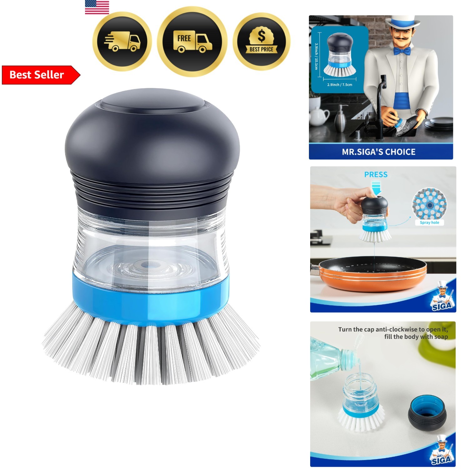 Soap Dispensing Palm Brush Kitchen Dish Scrubber for Pot Sink Cleaning Navy