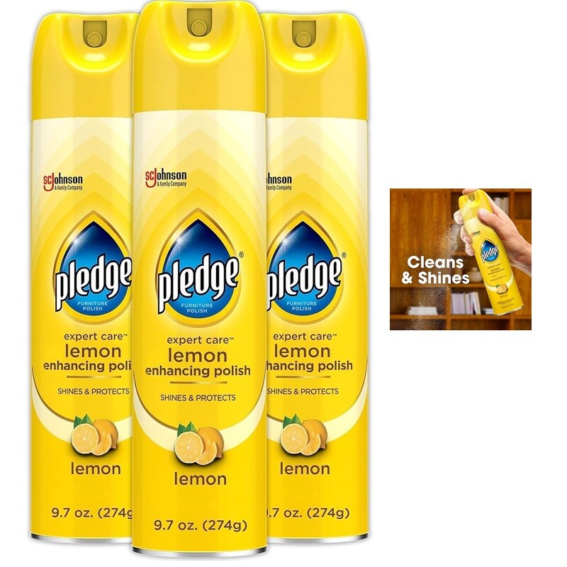 Pledge Furniture Polish Lemon Enhancing Aerozol Wood Spray Lemon Scent 9.7oz 3pk