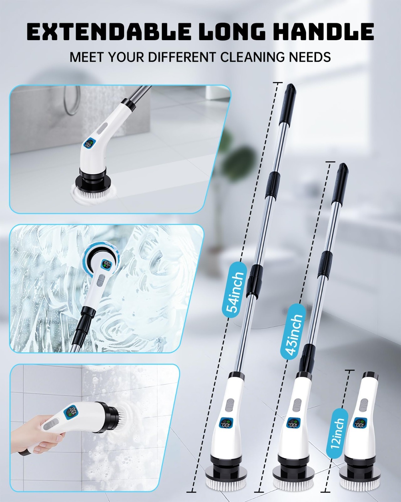 Cordless Electric Spin Scrubber – Long Handle Bathroom Cleaner with 7 Brush Head