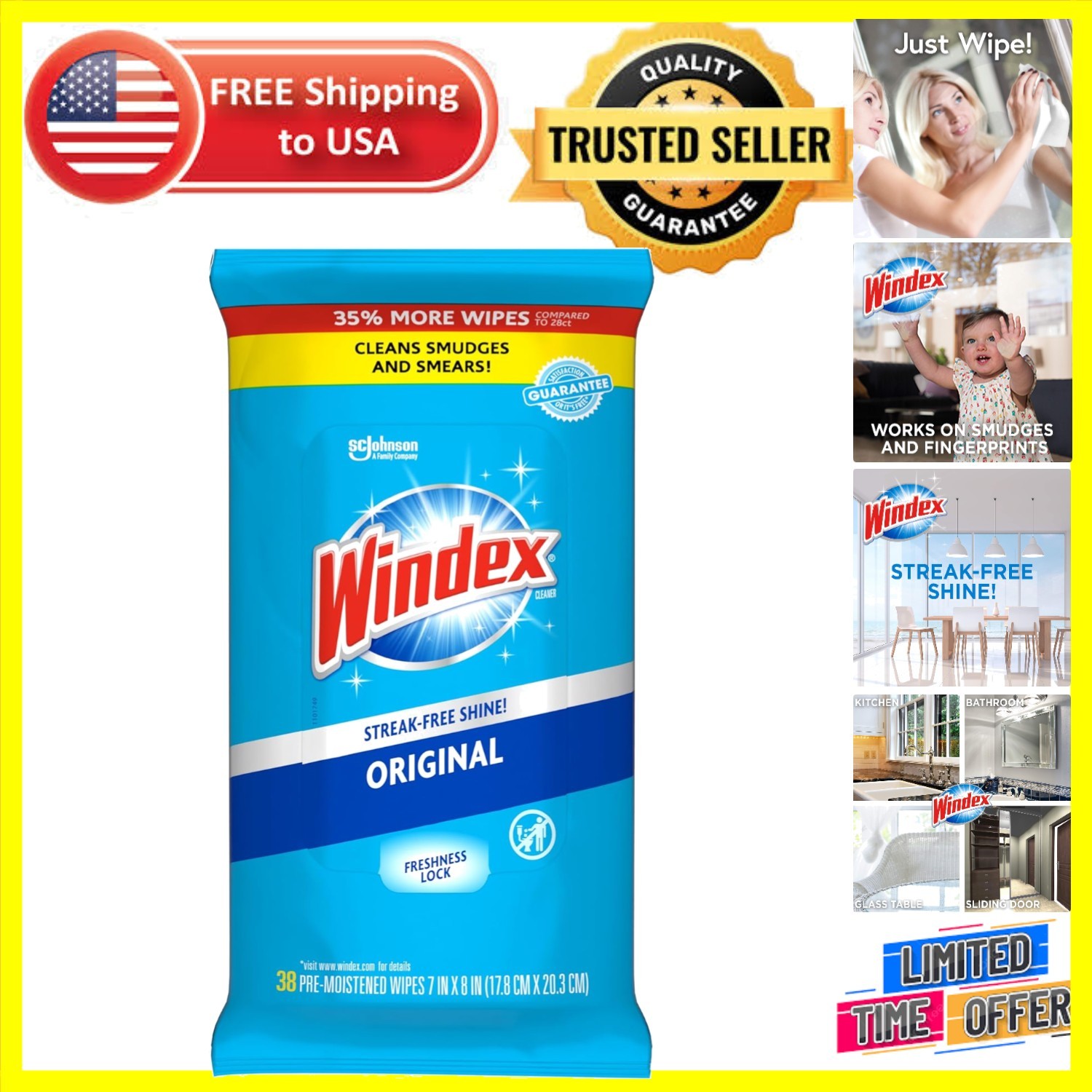 Eco-Friendly Pre-Moistened Glass Cleaning Wipes – Streak-Free Shine, 38 Count