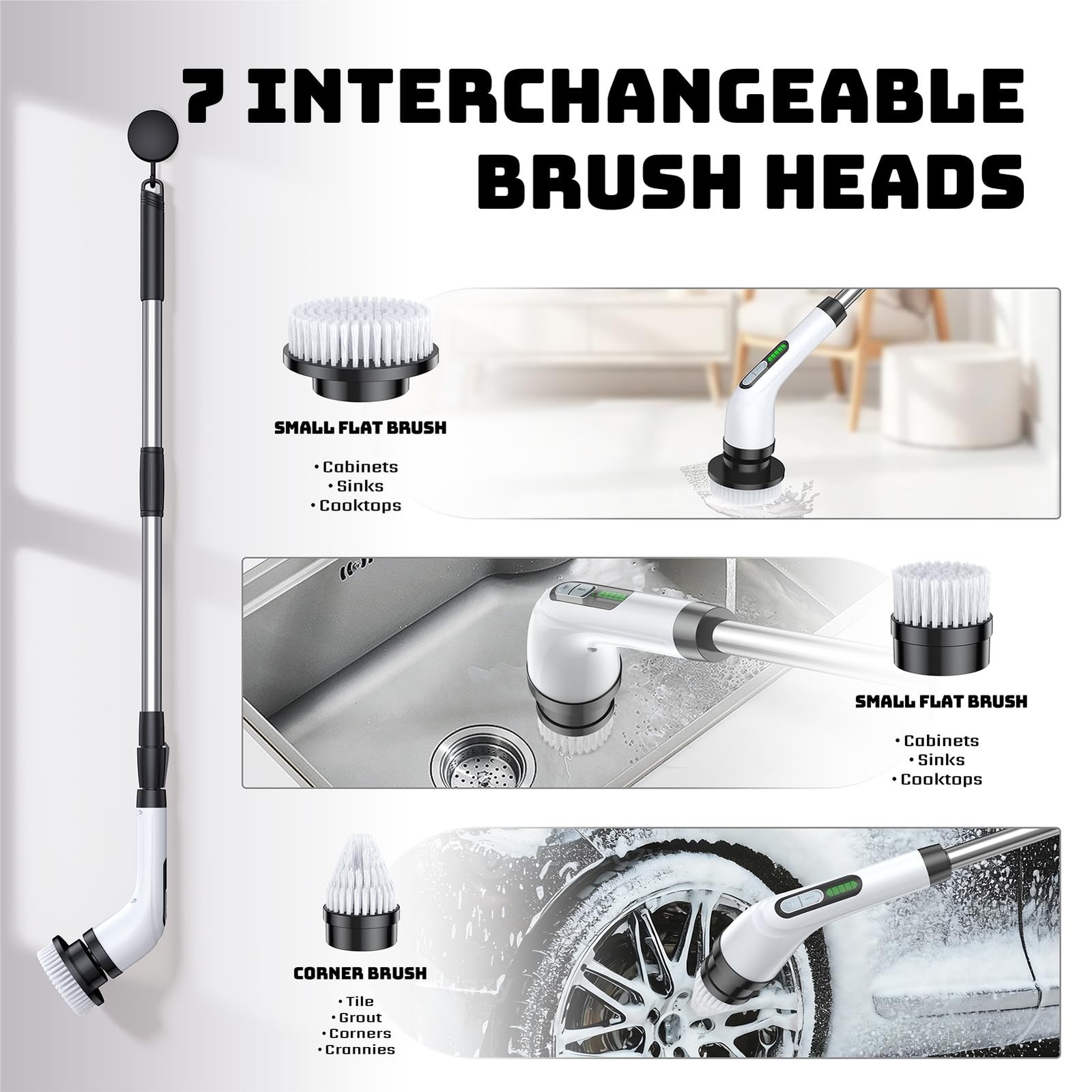 Electric Spin Scrubber, 2Speed Cleaning Brush, Extendable Handle White