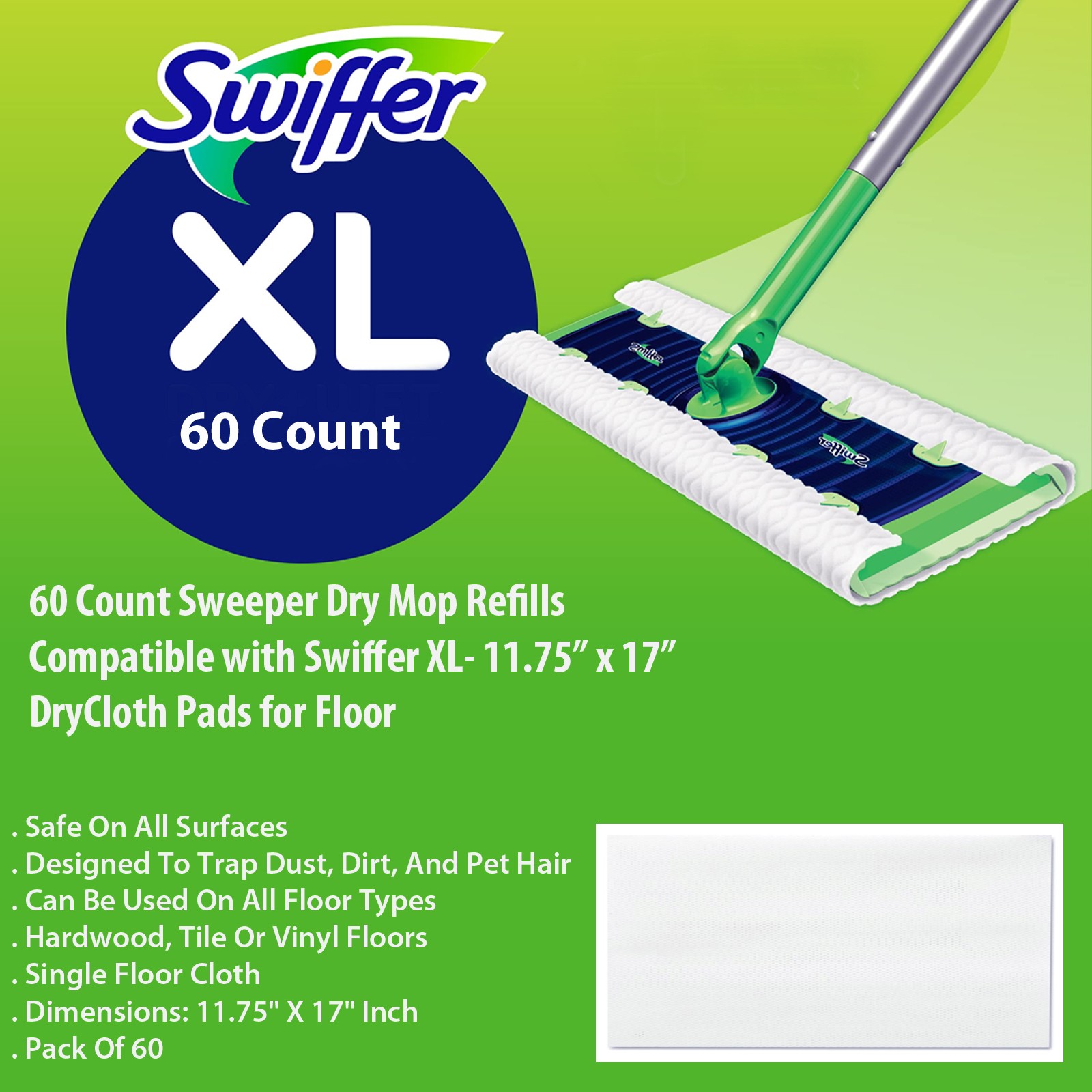 Sweeper Dry Mop Refills Compatible with Swiffer XL- 11.75” x 17”