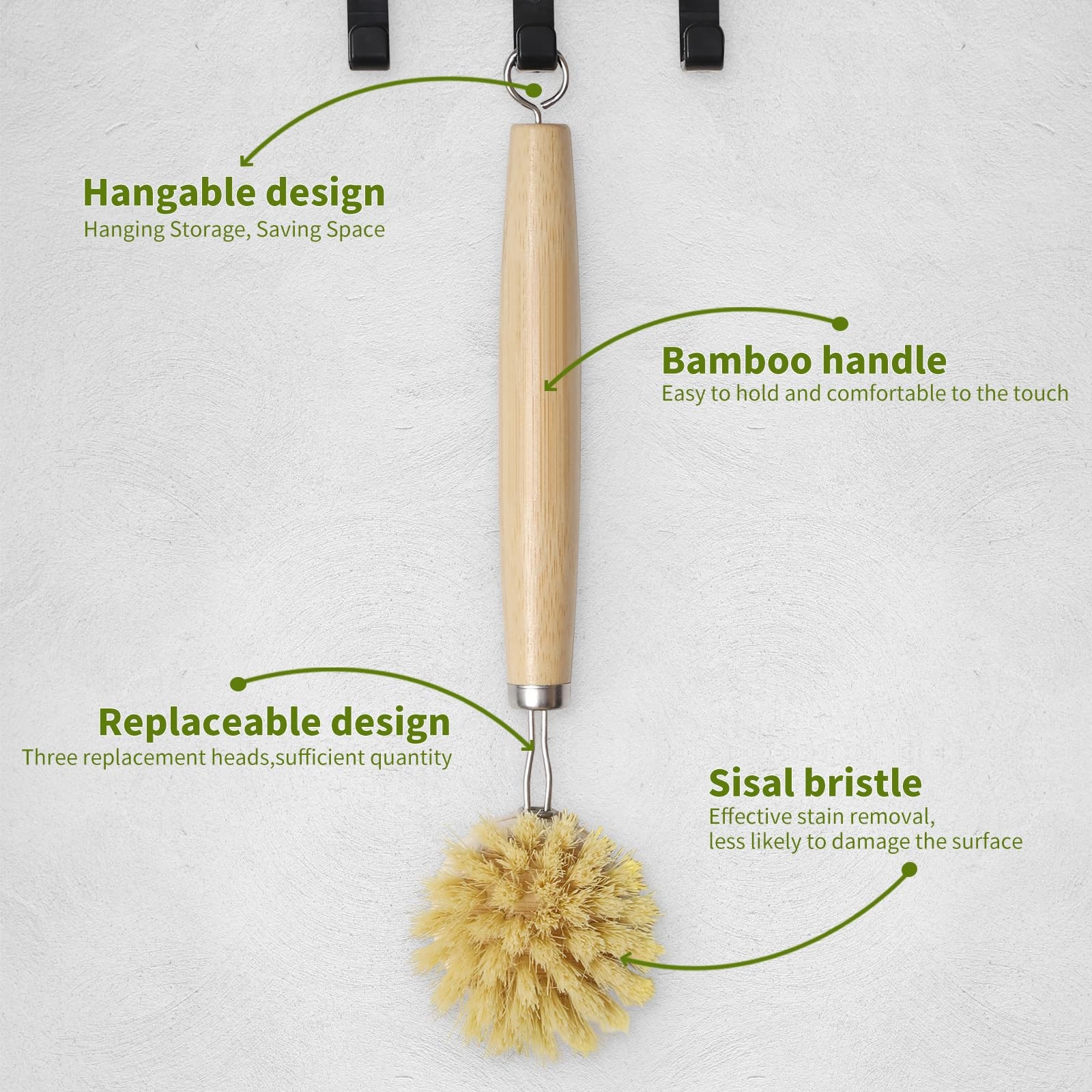 ÖkoStamm Bamboo Dish Brush with Long Handle – Natural Dish Scrubber Brush Set…