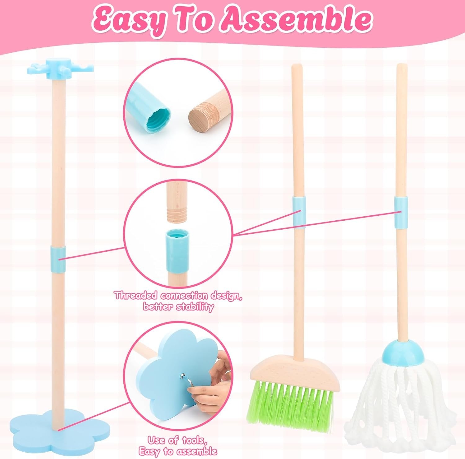 Kids Cleaning Set Wooden Toddler Broom Mop Playhouse Housekeeping Toy for Ages 3