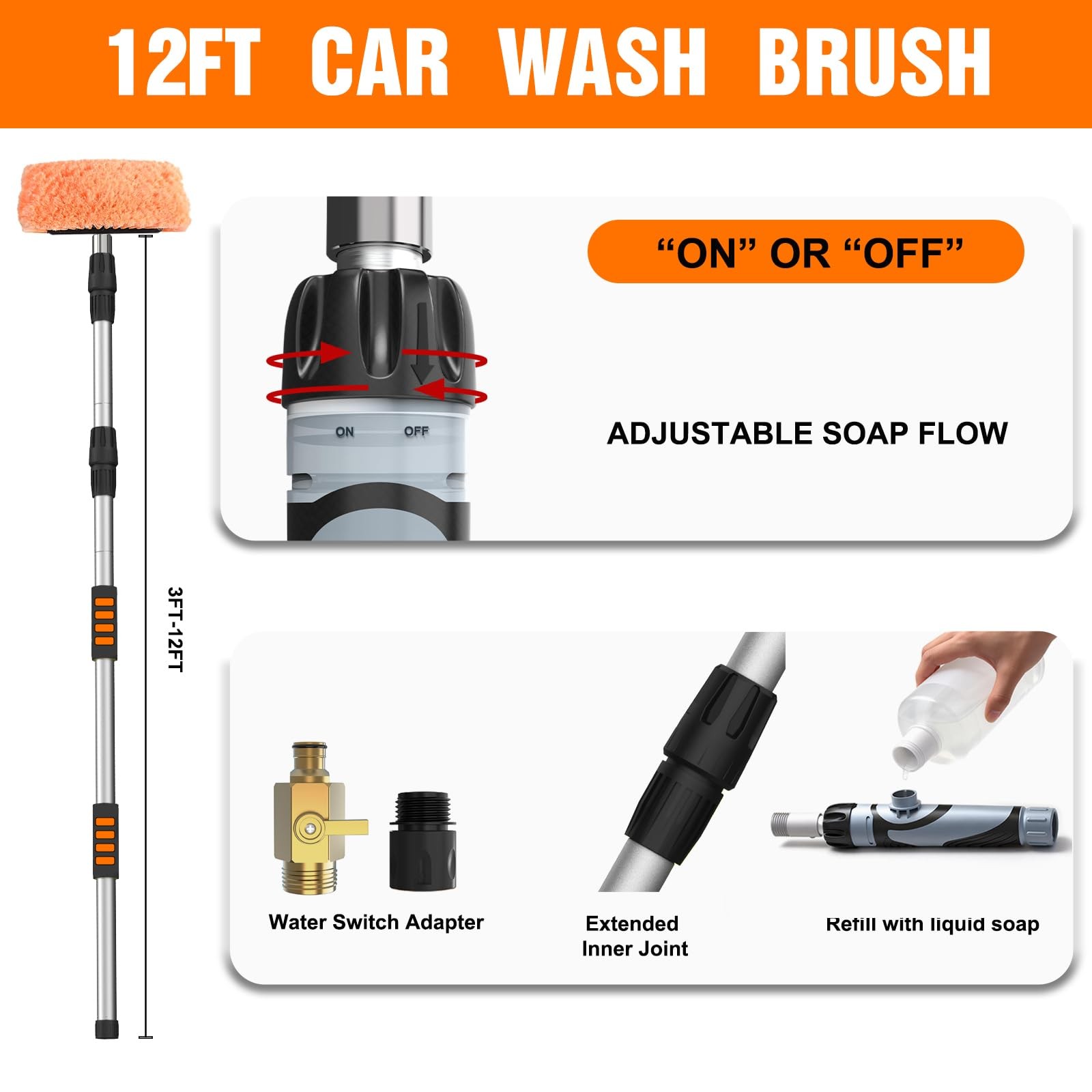 12FT Car Wash Brush with Long Handle, Soap Dispenser & Soft Bristle for Vehicles
