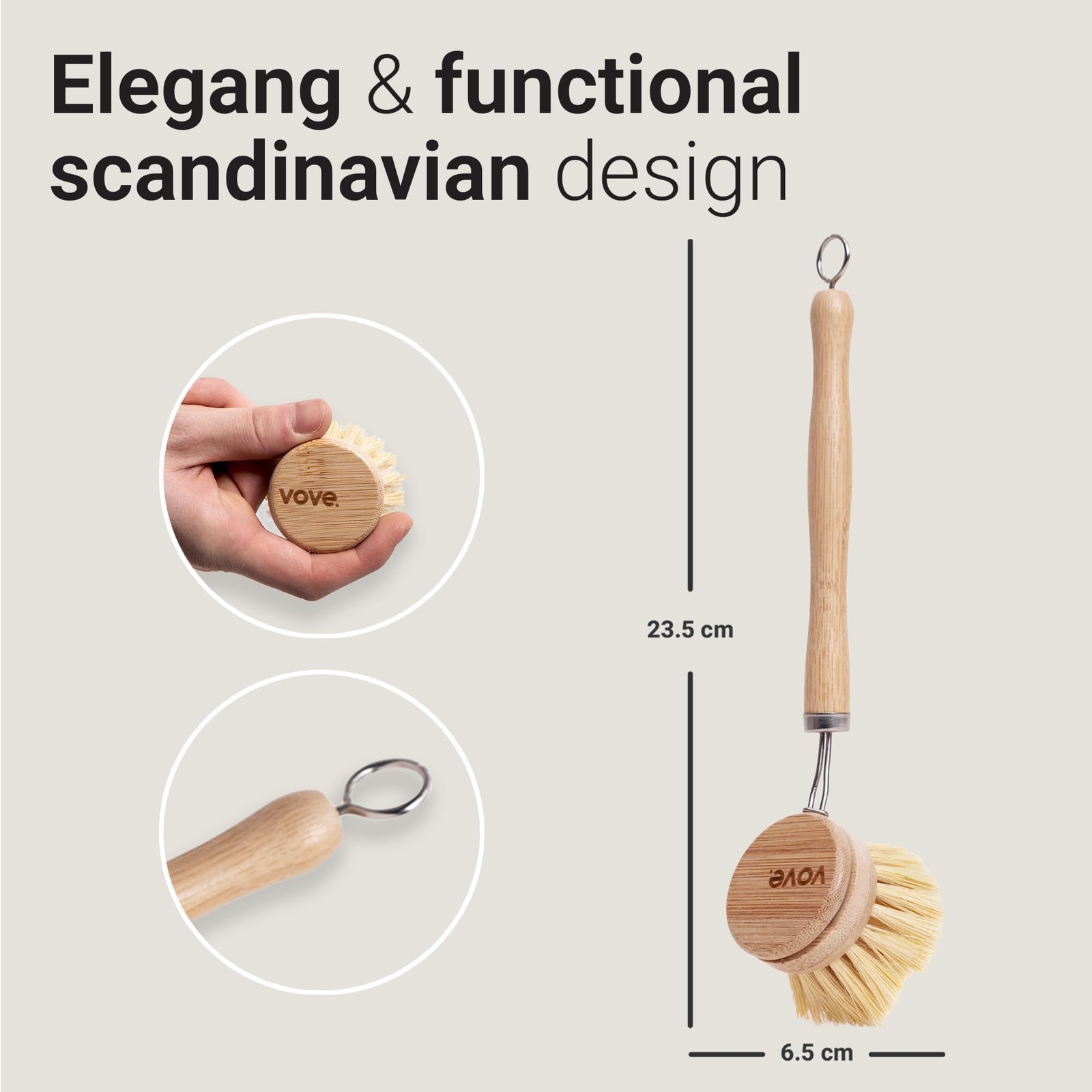 Eco-Friendly Bamboo Dish Brush with 3 Natural Bristle Replacement Heads