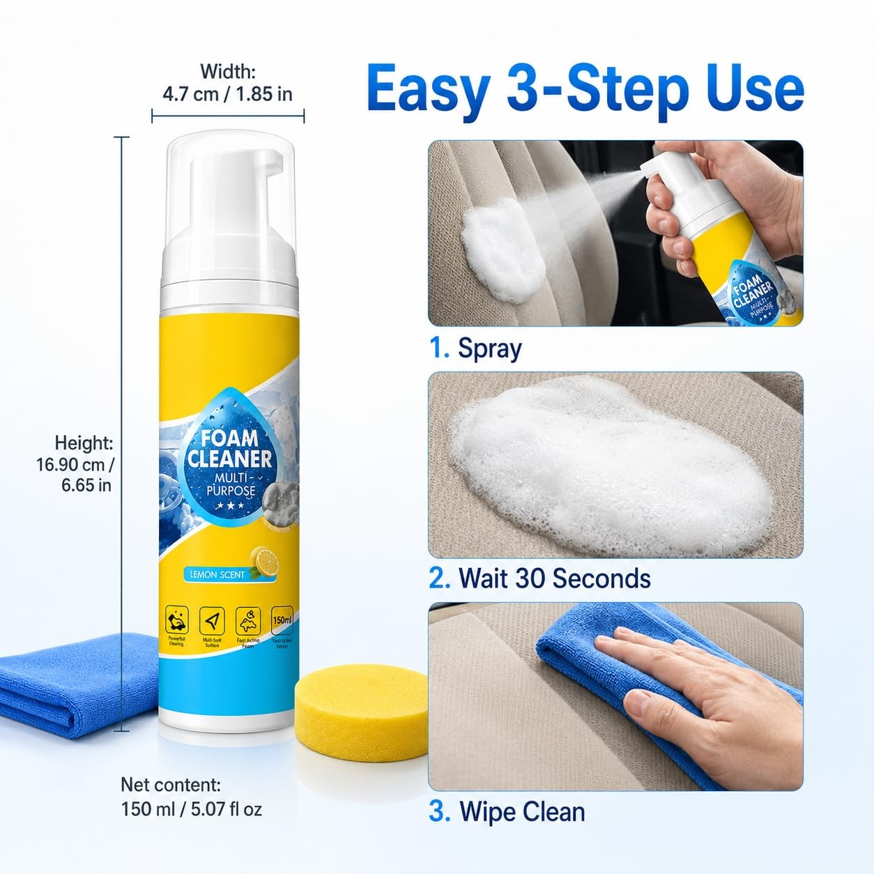 4-in-1 Multi Foam Cleaner 10oz, Multifunctional 10 Fl Oz (Pack of 1), Yellow