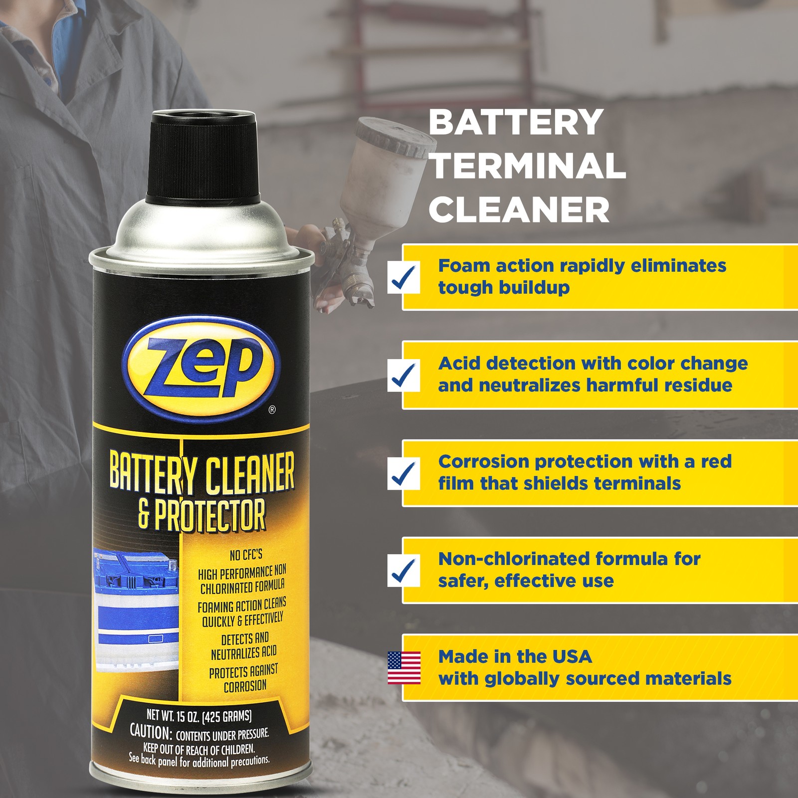 Zep Battery Cleaner and Protector – 15 oz (Case of 12) – 1047944 – Foaming