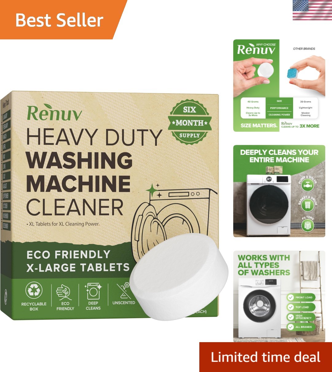 Heavy Duty Unscented Washing Machine Cleaner Tablets – 6 XL Tablets for 6