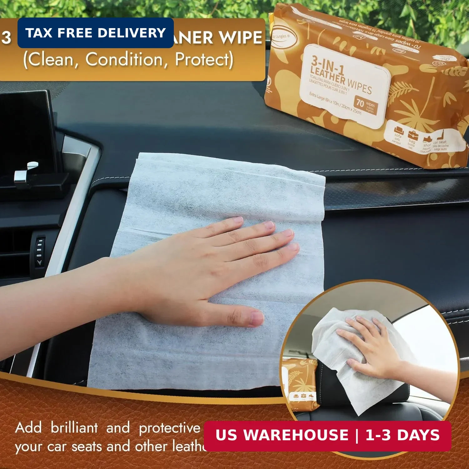 Air Jungles 3in1 Leather Cleaner Wipes 70 Count, Extra Large 8″ x 10″ Size, Clea