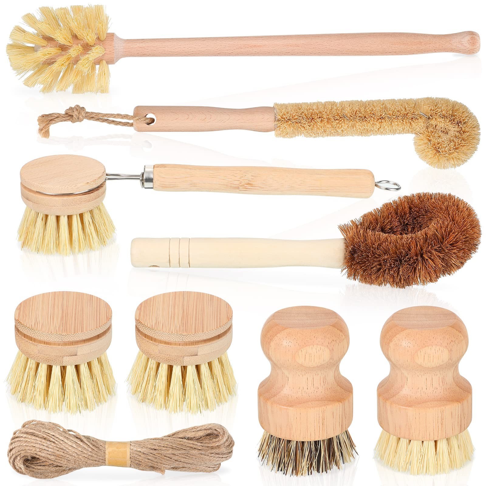 8 Pcs Bamboo Dish Brushes Set – Natural Sisal Bristles, Long Handle Scrubbers fo